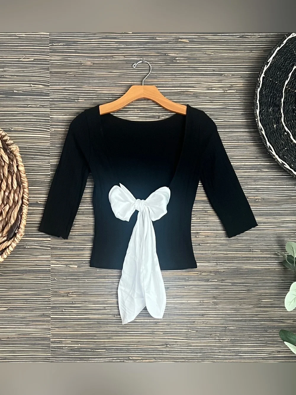 Free People “Say Don’t Go” Tee Black with White Bow Detail XS